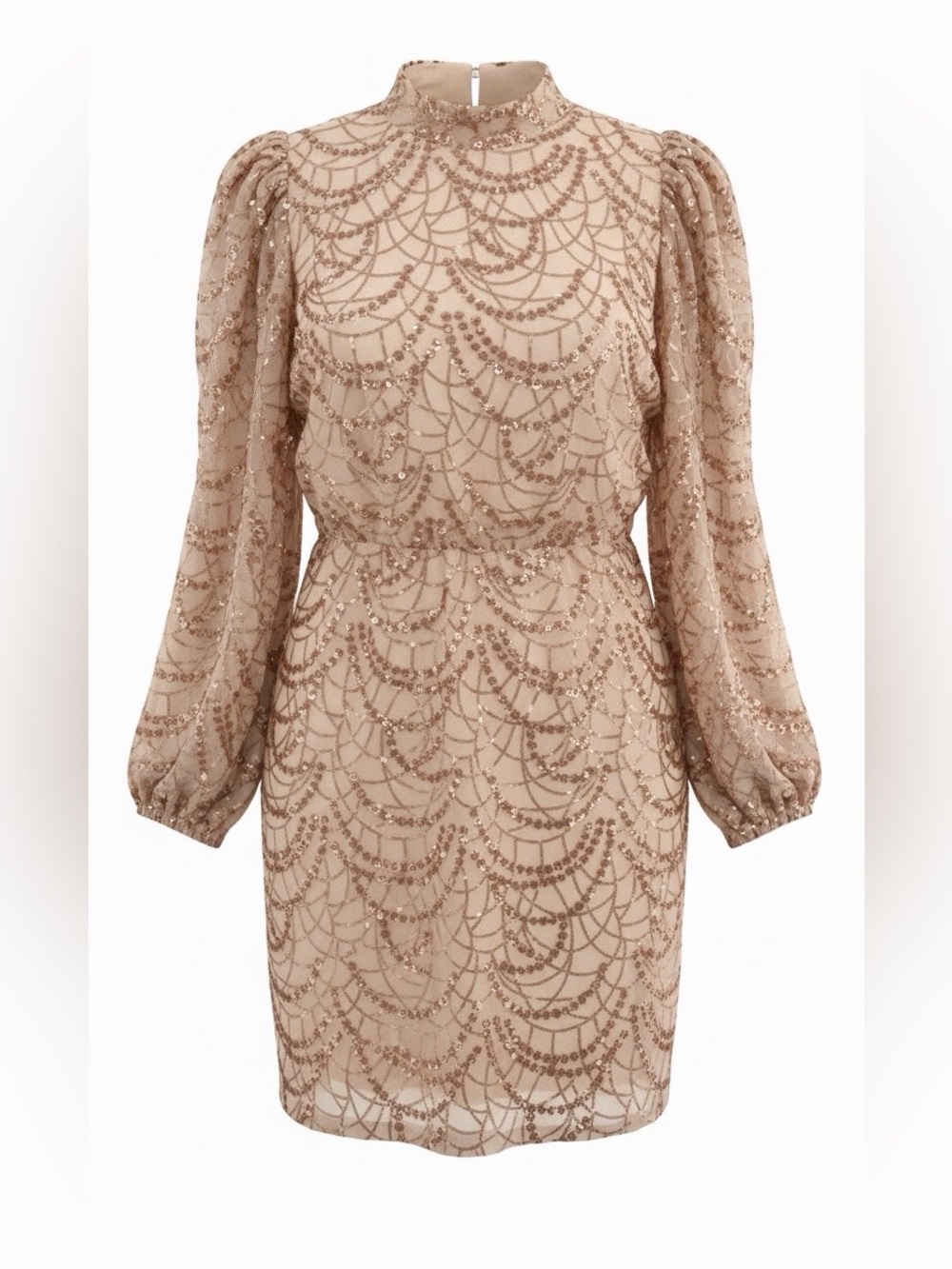 Elegant Sequined Beige Long-Sleeve Cocktail Dress